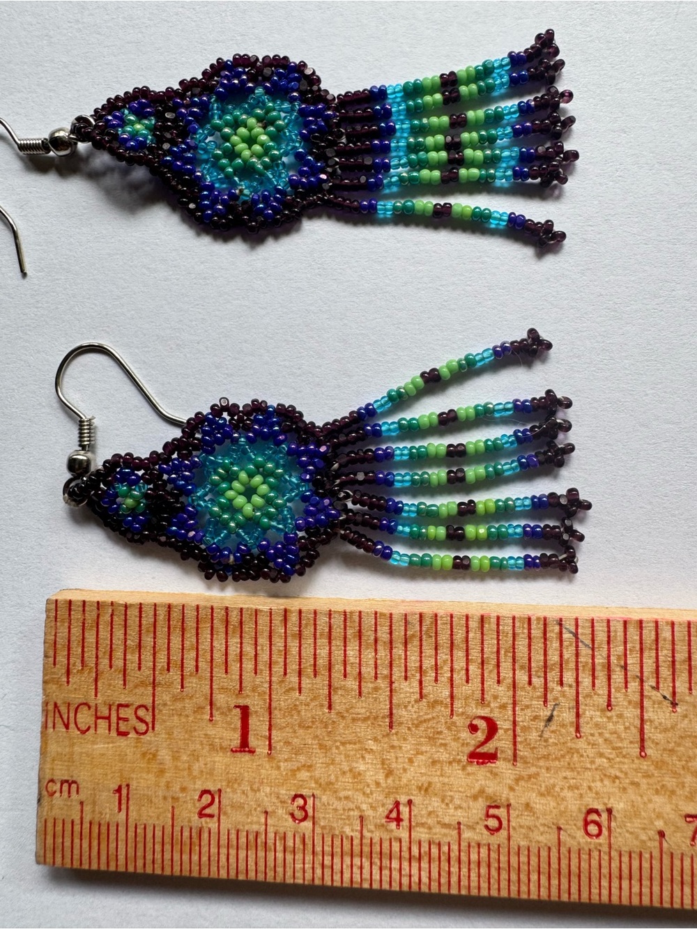 Handmade Blue & Green Beaded Fringe Earrings - Picture 4 of 4